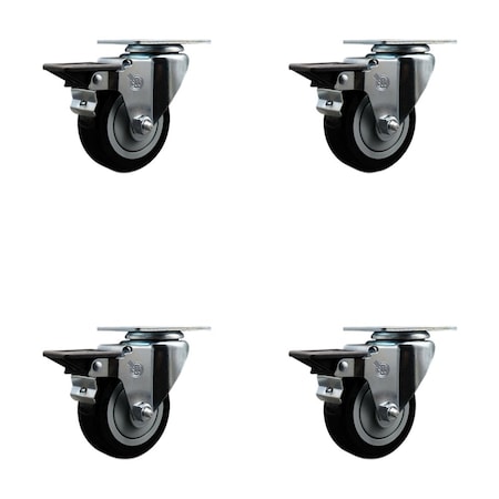Service Caster 3.5'' Black Poly Wheel Swivel Top Plate Caster Set Posi Brake, 4PK SCC-20S3514-PPUB-BLK-PLB-4